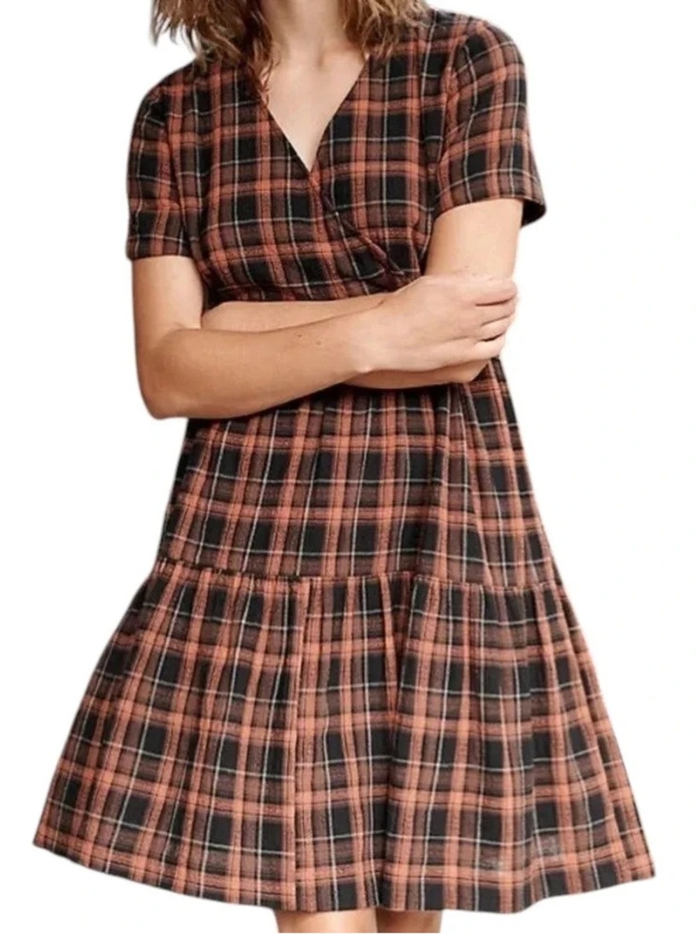 Madewell Faux-Wrap Short-Sleeve Tiered Mini Dress